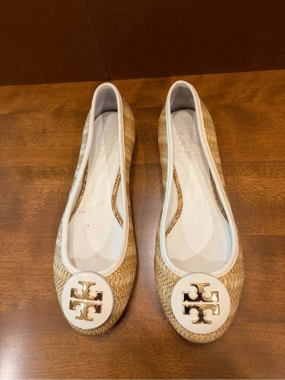 Tory Burch Natural Raffia Flats with White Trim and Gold Logo